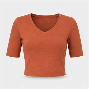 Camiseta Corta Ajustada con Cuello en V y Manga hasta el Codo en Color Naranja Óxido para Mujer WTS-0135 - Product Image 1