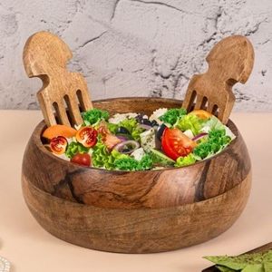 Bol en bois avec deux poignées, ustensiles et cuillères à fruits, bols et cuillères en bois de manguier artisanaux de qualité supérieure inclus, cadeaux parfaits - Product Image 1