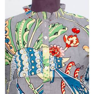 Blusa de Algodón 100% Lavable, Estampado Floral Vintage, Cuello Mandarín, Manga Media, Estilo Casual y Femenino - Product Image 3