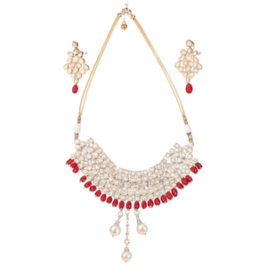 Rhodium Plated Gold Plated Alloy Oxidized Polish Casual Kundan Choker Necklace with Red Beads and Pearl Earring Set - Product Image 1