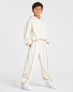 Pantalon de jogging décontracté surdimensionné pour garçon, blanc nacré avec lignes contrastées, respirant, en molleton premium, coupe large - Product Image 3
