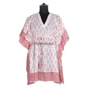 Hermoso Kaftán Corto de Algodón Estampado a Mano para Mujer, Traje de Baño Estándar, Bikini, Vestido Kaftán - Product Image 6