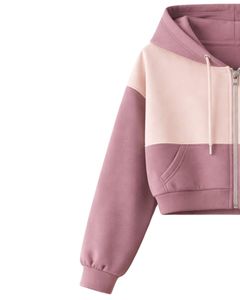 Ensemble décontracté deux pièces pour femme, rose mauve, avec sweat à capuche court zippé color block et short à imprimé cœurs et poches cargo, en polyester et coton, vente en gros - Product Image 4