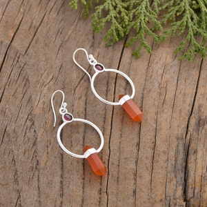 Natural Carnelian & Garnet 925 Sterling <b>Silver</b> Geometric Hoop Drop <b>Earrings</b> Handmade Hexagonal Crystal <b>Dangle</b> <b>Earrings</b> for Wom - Product Image 1