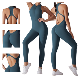 Mono deportivo largo de una pieza con cremallera, sin espalda y efecto fruncido en los glúteos, para mujer, ideal para yoga y gimnasio. - Product Image 1