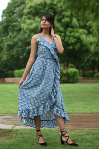 Robe Maxi en Coton Indien Imprimé Bloc à la Main Robe Respirante avec Technique Tie Dye Tissé à la Taille Naturelle - Product Image 4