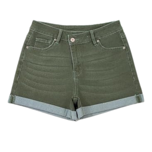 Shorts de mezclilla asimétricos personalizados para mujer con cintura cruzada, dobladillo con vuelta, color verde oliva, de cintura alta, de algodón, para verano, ¡Oferta caliente! - Product Image 1