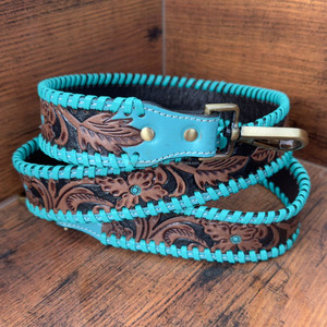 Correa de guitarra de cuero texturizado turquesa occidental correa de bandolera de repuesto de cuero genuino con broche de acabado de latón antiguo - Product Image 3