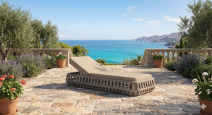 ROBD-009 Lit de jardin en osier méditerranéen avec coussin bleu résistant aux intempéries, mobilier de jardin 6 places, design moderne en aluminium - Product Image 3