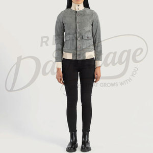 Chaqueta Bomber de Cuero de Ante Genuino Gris para Mujer, con Ribete Acanalado Crema, Ajuste Delgado, de Ante de Cabra Premium, Abrigo Casual de Invierno a la Moda - Product Image 4