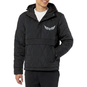 Men's Blue <b>Quilted</b> Hooded Jacket With Embroidered Logo Windproof <b>Winter</b> Casual Outerwear - Product Image 4