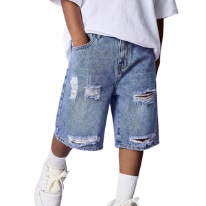 <b>Mens</b> Light Blue Denim Shorts Breathable Summer Mid Straight-leg Washed <b>Ripped</b> Distressed Knee Length Casual Vintage Whisker - Product Image 5