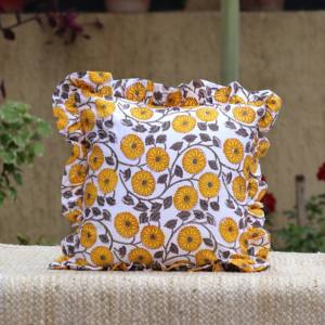 Fundas de Almohada de Algodón con Volantes y Estampado Floral Amarillo, 100% Algodón, Funda de Cojín con Bloques de Color Hechos a Mano, Cojín Estampado Bohemio con Volantes - Product Image 1