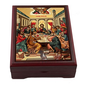 Boîte à chapelets rectangulaire artisanale en bois de noyer moderne, bordeaux et or, pour icônes orthodoxes - Art religieux en gros - Product Image 2