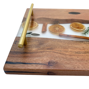 Rustic Wooden Serving Tray With Gold Handles And Dried Citrus Inlay Rectangle Handmade Tableware <b>For</b> Living Room Decor - Product Image 3