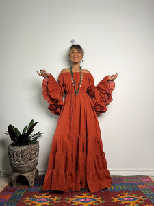 Bohemian for Orange V-neck Maxi Dress Dramatic Tiered Flare <b>Bell</b> Sleeve Waist Tie Ruffled Hem Eco-Friendly Organic Cotton - Product Image 6