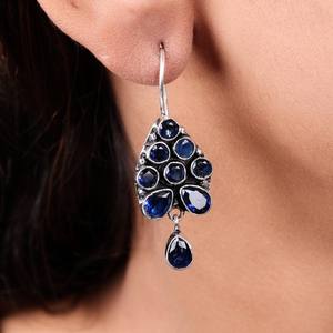 Boucles d'oreilles pendantes en laiton plaqué argent avec onyx bleu, faites à la main, pierres précieuses facettées, style bohème, pour femme - Product Image 2