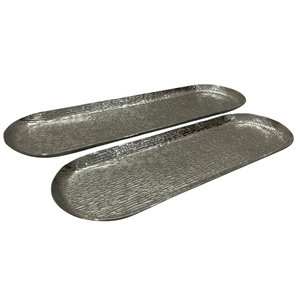Plateau de service ovale moderne en argent, décoratif, texturé et gaufré, en fer finition zinc, pour la maison et la vanité, vente en gros - Product Image 1