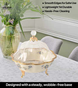 Plateau de service avec couvercle transparent en porcelaine fine, de haute qualité, aspect moderne et luxueux, avec supports dorés - Product Image 5