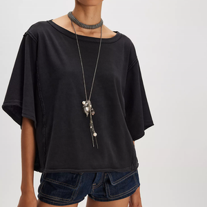 New Summer Fashion Women's <b>Black</b> Crew Neck Plus Size Solid Color Batwing Sleeve Casual T-Shirt Regular Fit Jersey <b>Fabric</b> T-Shirt - Product Image 1
