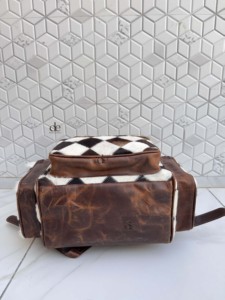 Unique Designer Cowhide Leather <b>Backpack</b> Softback Unisex Day <b>Backpack</b> Multiple Pockets Checks Design School Bag Zipper Closure - Product Image 4