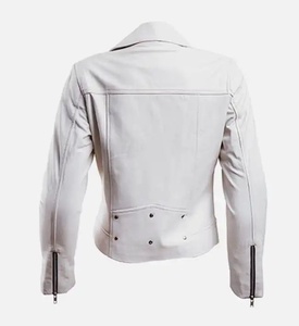 Veste de moto matelassée en cuir d'agneau véritable blanc pour femme, coupe-vent, manches longues, fermeture éclair, col montant, longueur standard - Product Image 3