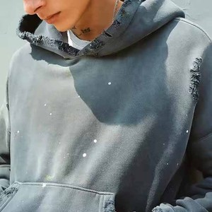 เสื้อฮู้ดดี้ผู้ชายแขนยาวแบบดิสเทรส ดีไซน์ใหม่ สีพื้น ผ้าคอตตอนผสมขนแกะ สามารถปรับแต่งได้ ย้อมสีเรียบ - Product Image 2