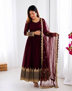Premium Faux Georgette Anarkali Gown With Heavy <b>Net</b> Dupatta Embroidered Sequins Full Sleeves Festive Ethnic Wear Set - Product Image 1