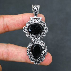 <b>Top</b> Quality Sparkling LAB-CREATED Black Onyx Solid 925 Sterling <b>Silver</b> Plated Designer 2.20" Pendant Women's Wholesale - Product Image 1