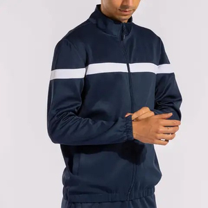 Men's Navy Blue Polyester Tracksuit Full <b>Zip</b> <b>Hooded</b> Sporty Jogging Set With White Stripe Design Breathable Regular Fit Autumn - Product Image 5