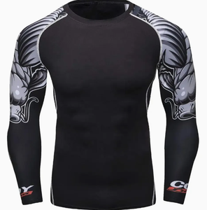 Haut de sport pour homme en polyester à séchage rapide, noir, manches longues, avec imprimé musculaire gris - Product Image 1