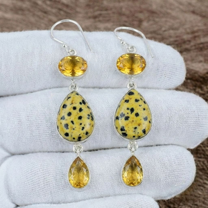 Boucles d'oreilles pendantes artisanales en argent sterling 925 massif avec serti clos, jaspe et citrine, style bohème, pierres précieuses - Product Image 2