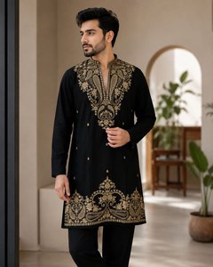 <b>Men's</b> Black Embroidered <b>Kurta</b> With Gold detailing Traditional Indian Wedding Wear Ankle Length Cotton Regular Fit - Product Image 2