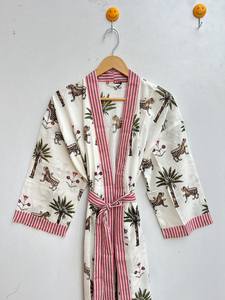 Bata Kimono de Algodón 100% Tejido con Estampado de Dibujos Animados para Mujer, Camisón de Verano Hecho a Mano, Cuello en V, Cintura Elástica, Largo Completo, ODM - Product Image 4