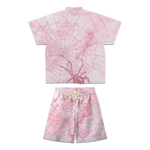 Ensemble t-shirt et short en jersey de coton premium 240 GSM, tie-dye rose toile d'araignée, impression DTG, logo personnalisé unisexe, 2 pièces - Product Image 1