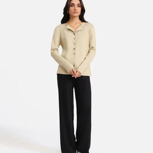 Cardigan Minimaliste Femme Col Rond Manches Longues Anti-Plis Tricoté à la Machine Couleur Unie Mélange Acrylique Laine pour l'Automne - Product Image 1