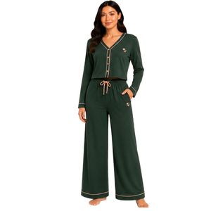 Manufacturer Womens Dark <b>Green</b> Long Sleeve Crop Cardigan Wide Leg Pajama Set Embroidered Lounge Sleepwear Soft Breathable OEM - Product Image 1
