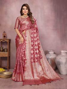 Sari ethnique en organza de soie souple Heritage, motif Butti tissé, bordure Zari dorée, chemisier non cousu, ensemble de vêtements régionaux - DC - Product Image 4