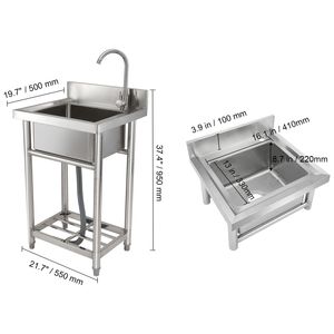 Lavello Commerciale Compatto Monoblocco in Acciaio Inox 16 X 13 X 8.7 con Rubinetto e Gambe, per Cucina - Product Image 5