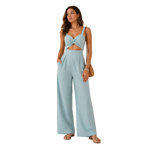 Conjunto de Dos Piezas para Mujer, Mono Largo con Top Cruzado y Detalle de Bolsillo, Pantalones Anchos sin Mangas, Primavera/Verano - Product Image 1