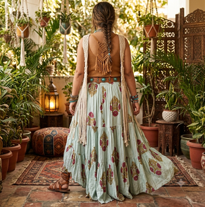 Jupe longue bohème à volants pour femme, bleu clair, imprimé floral, style vintage indien, en coton, jupe gypsy, tenue d'été - Product Image 2