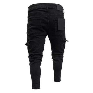 Jeans de Motociclista Negros para Hombre, Cintura Alta, Múltiples Bolsillos, Lavado Desgastado, Algodón y Lona, Corte Recto, para Otoño - Product Image 2