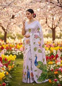 Sari de Seda Malai de Diseño Exclusivo con Blusa Elegante, Moderno y Estilizado, Última Moda India, para Fiestas, Casual, para Mujer - Product Image 3