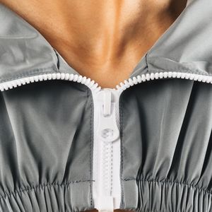 Women's Silver Gray Cropped Windbreaker <b>Jacket</b> Lightweight Full Zip Running <b>Workout</b> Gym Activewear Long Sleeve Sports <b>Jacket</b> - Product Image 5