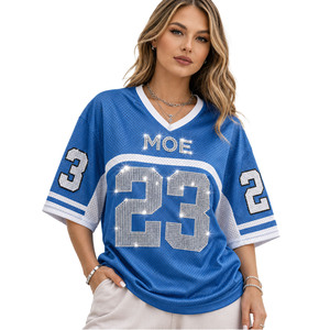OEM Hip Hop Blue Oversized Mesh American Football Jersey Unisex Varsity Custom Premium <b>Rhinestone</b> Number V-Neck Vintage Glam <b>Top</b> - Product Image 1