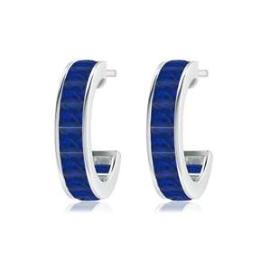 Blue Sapphire Hoop <b>Earrings</b> 14kt Yellow Gold Channel Set Princess Cut Sapphire <b>Fine</b> Jewelry for Women - Product Image 2