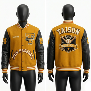 Chaqueta Varsity de Béisbol para Hombre, Mezcla de Lana, Mangas de Cuero PU, Panel de Canalé Gris Marino, Logotipo Bordado en Chenille Personalizado - Product Image 2