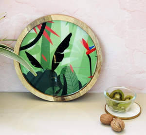 Plateau de service rond en bois le plus vendu avec design imprimé Plateaux à thé en bois de manguier de la meilleure qualité utilisés pour les hôtels et les restaurants par FWE - Product Image 2