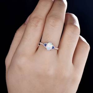 Anillo de Boda Art Deco con Ópalo Azul Zafiro, Certificado IGI, Plata de Ley 925, Chapado en Oro de 14K, Joyería Festiva para Mujer - Product Image 4