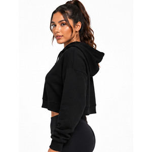 Sweat-shirt à capuche court pour femme, couleur unie, manches longues, décontracté, pour l'automne, respirant, en tricot de coton et élasthanne, manches complètes - Product Image 3